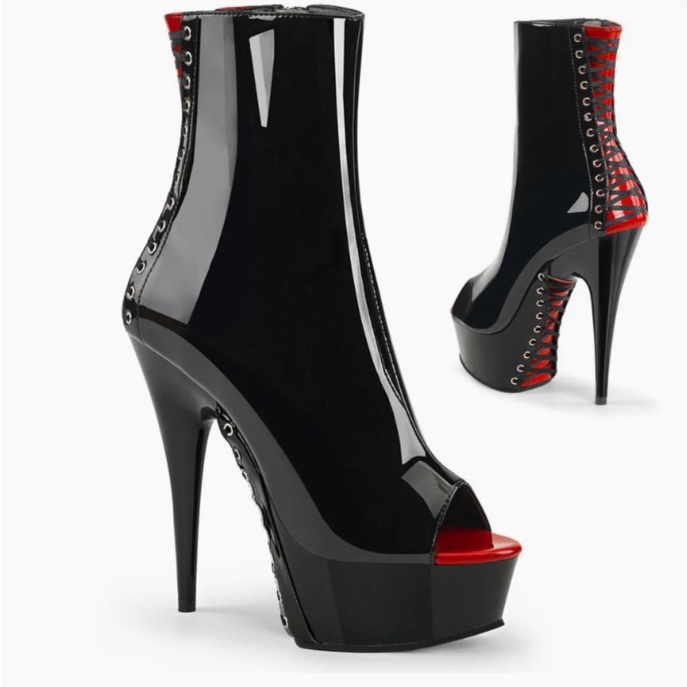 Pleaser Adore 1025 Corset Black Patent Peep-Toe Platform Ankle Boots size 9